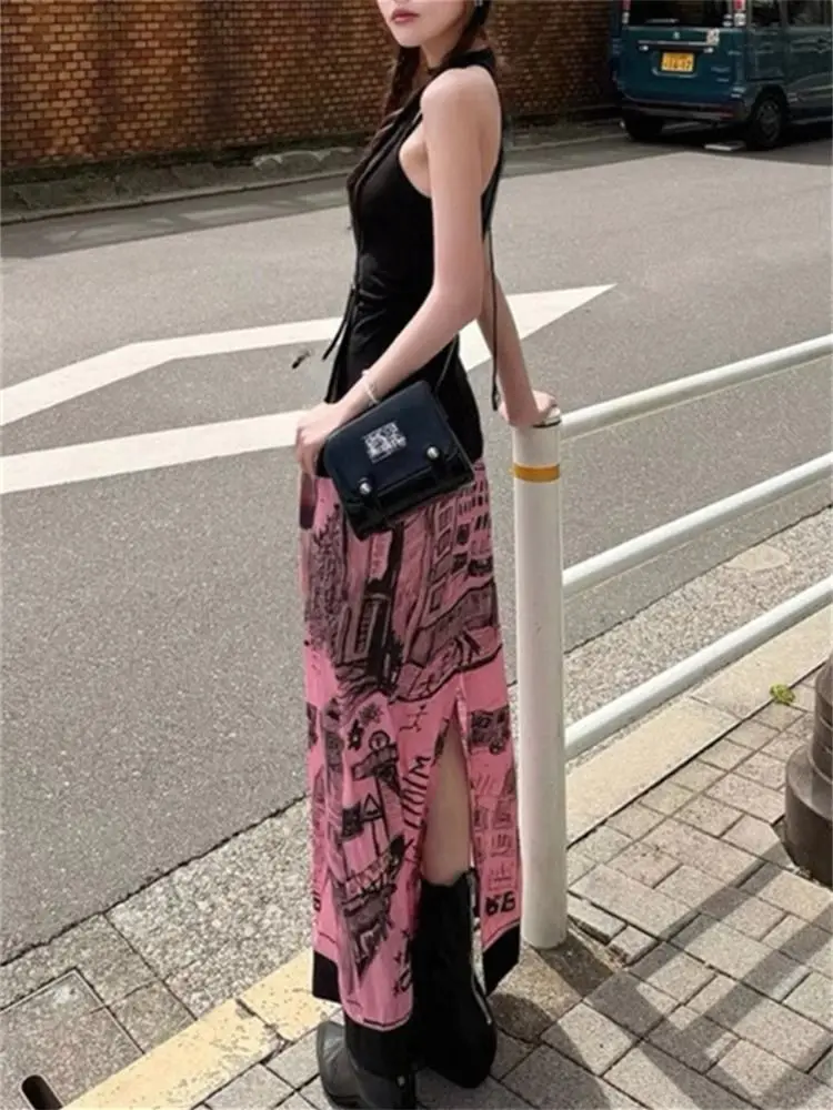 Aoaiiys Korean Skirt Women Graffiti Print Pattern Pink Skirts 2026 Fashion High Waisted Slit Cut A-Line Skirts Spring Summer New