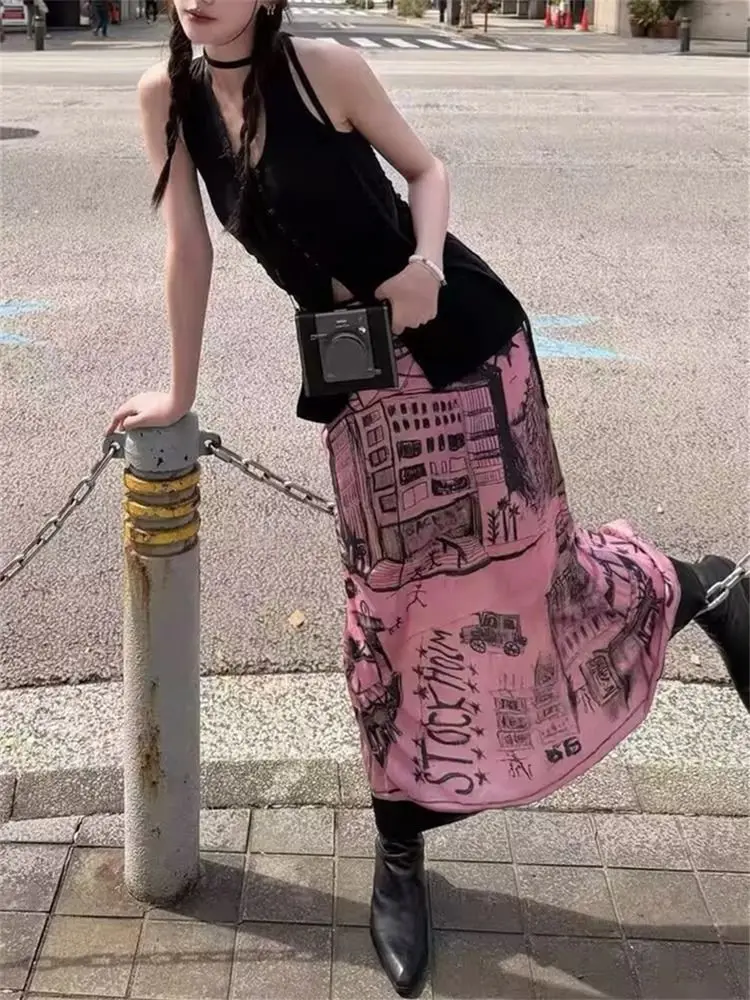 Aoaiiys Korean Skirt Women Graffiti Print Pattern Pink Skirts 2026 Fashion High Waisted Slit Cut A-Line Skirts Spring Summer New