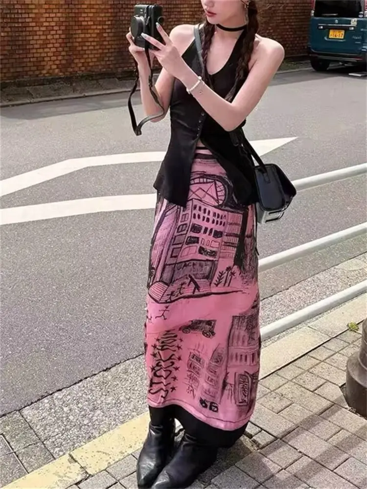 Aoaiiys Korean Skirt Women Graffiti Print Pattern Pink Skirts 2026 Fashion High Waisted Slit Cut A-Line Skirts Spring Summer New