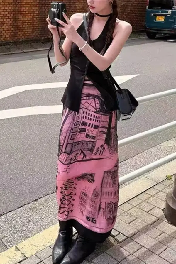Aoaiiys Korean Skirt Women Graffiti Print Pattern Pink Skirts 2026 Fashion High Waisted Slit Cut A-Line Skirts Spring Summer New