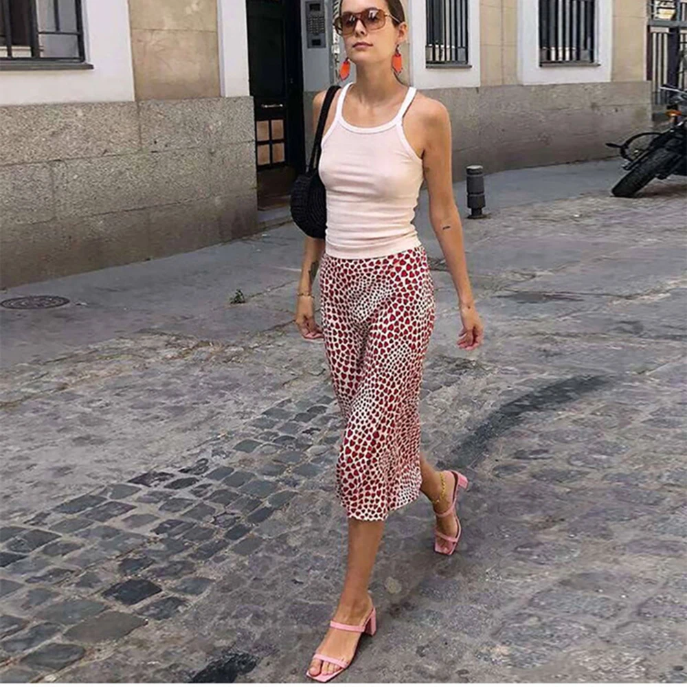 Klacwaya New Girls Silk Pencil Skirts Women Fashion Heart Print High Waist Slim Skirt Ladies Chic Red Leopard Boho Mermaid Skirt
