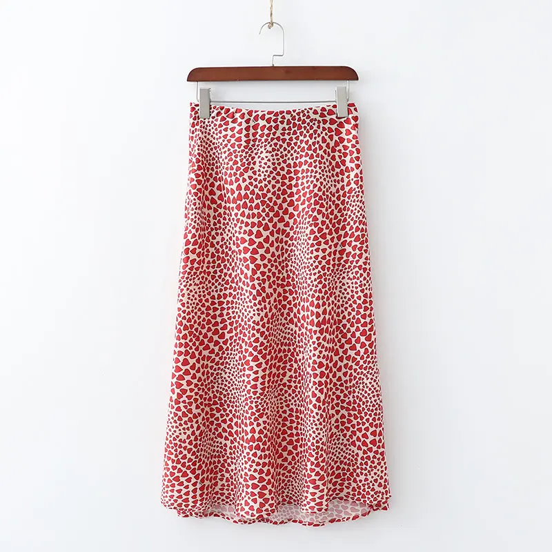Klacwaya New Girls Silk Pencil Skirts Women Fashion Heart Print High Waist Slim Skirt Ladies Chic Red Leopard Boho Mermaid Skirt