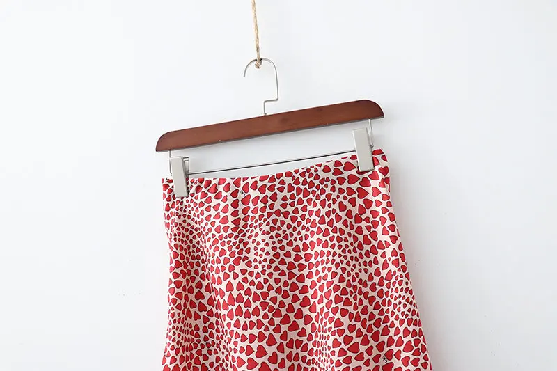 Klacwaya New Girls Silk Pencil Skirts Women Fashion Heart Print High Waist Slim Skirt Ladies Chic Red Leopard Boho Mermaid Skirt