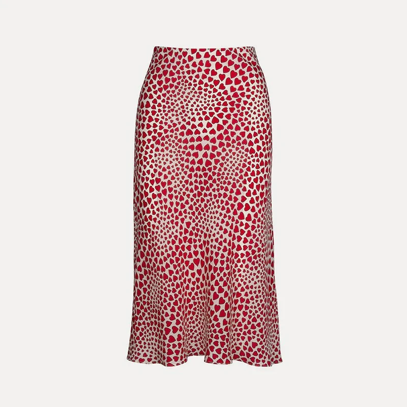 Klacwaya New Girls Silk Pencil Skirts Women Fashion Heart Print High Waist Slim Skirt Ladies Chic Red Leopard Boho Mermaid Skirt