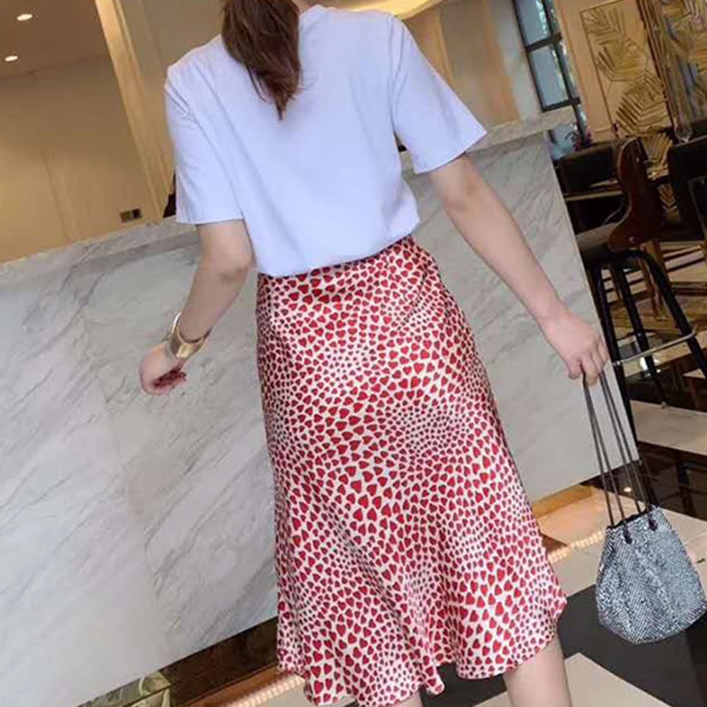 Klacwaya New Girls Silk Pencil Skirts Women Fashion Heart Print High Waist Slim Skirt Ladies Chic Red Leopard Boho Mermaid Skirt