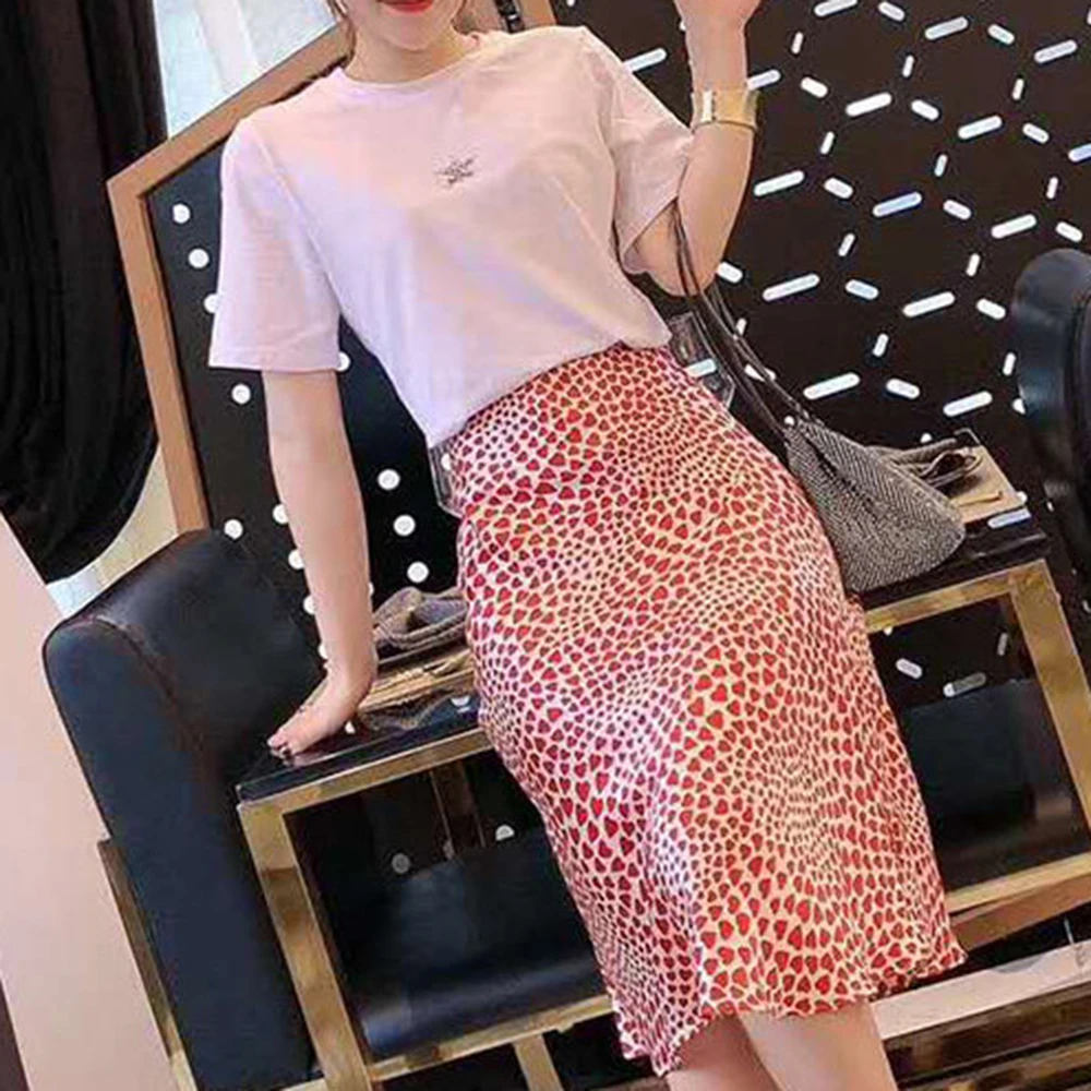 Klacwaya New Girls Silk Pencil Skirts Women Fashion Heart Print High Waist Slim Skirt Ladies Chic Red Leopard Boho Mermaid Skirt