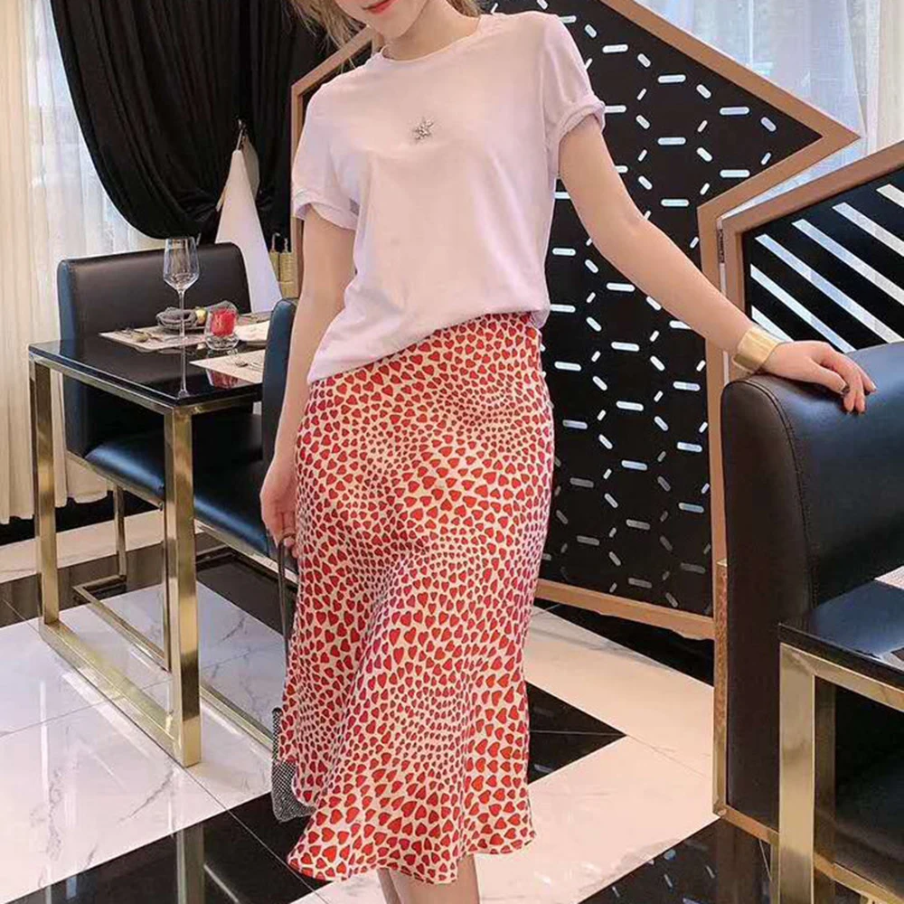 Klacwaya New Girls Silk Pencil Skirts Women Fashion Heart Print High Waist Slim Skirt Ladies Chic Red Leopard Boho Mermaid Skirt