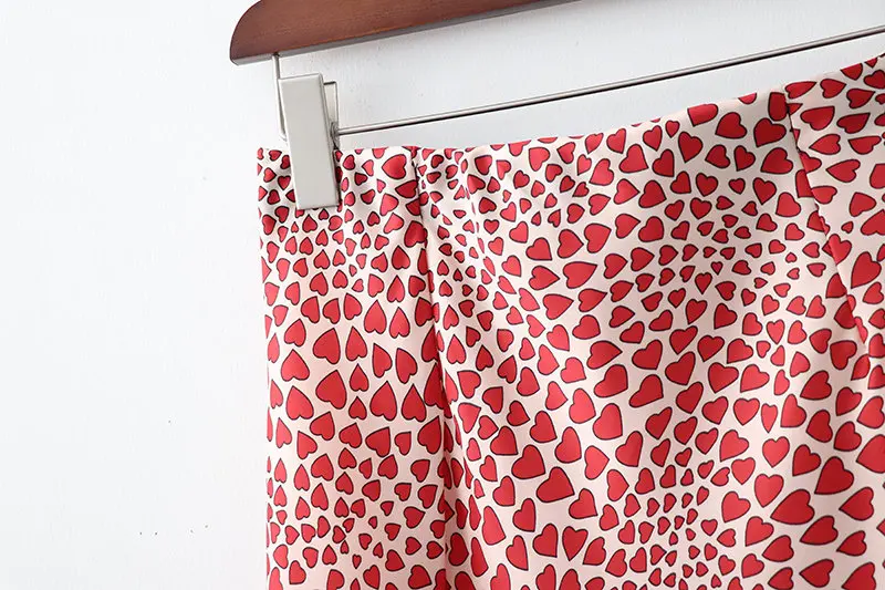 Klacwaya New Girls Silk Pencil Skirts Women Fashion Heart Print High Waist Slim Skirt Ladies Chic Red Leopard Boho Mermaid Skirt