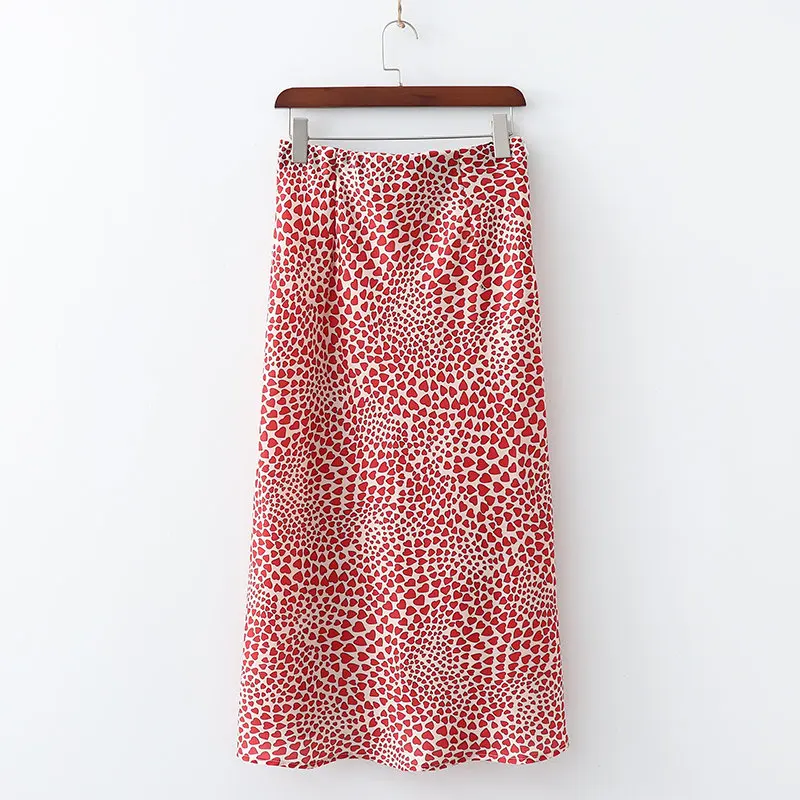 Klacwaya New Girls Silk Pencil Skirts Women Fashion Heart Print High Waist Slim Skirt Ladies Chic Red Leopard Boho Mermaid Skirt