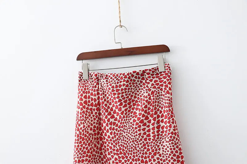 Klacwaya New Girls Silk Pencil Skirts Women Fashion Heart Print High Waist Slim Skirt Ladies Chic Red Leopard Boho Mermaid Skirt