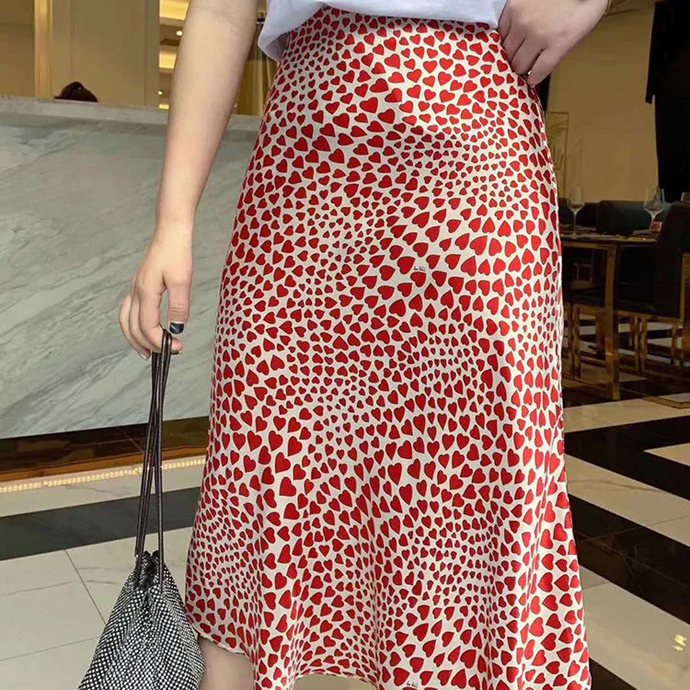 Klacwaya New Girls Silk Pencil Skirts Women Fashion Heart Print High Waist Slim Skirt Ladies Chic Red Leopard Boho Mermaid Skirt
