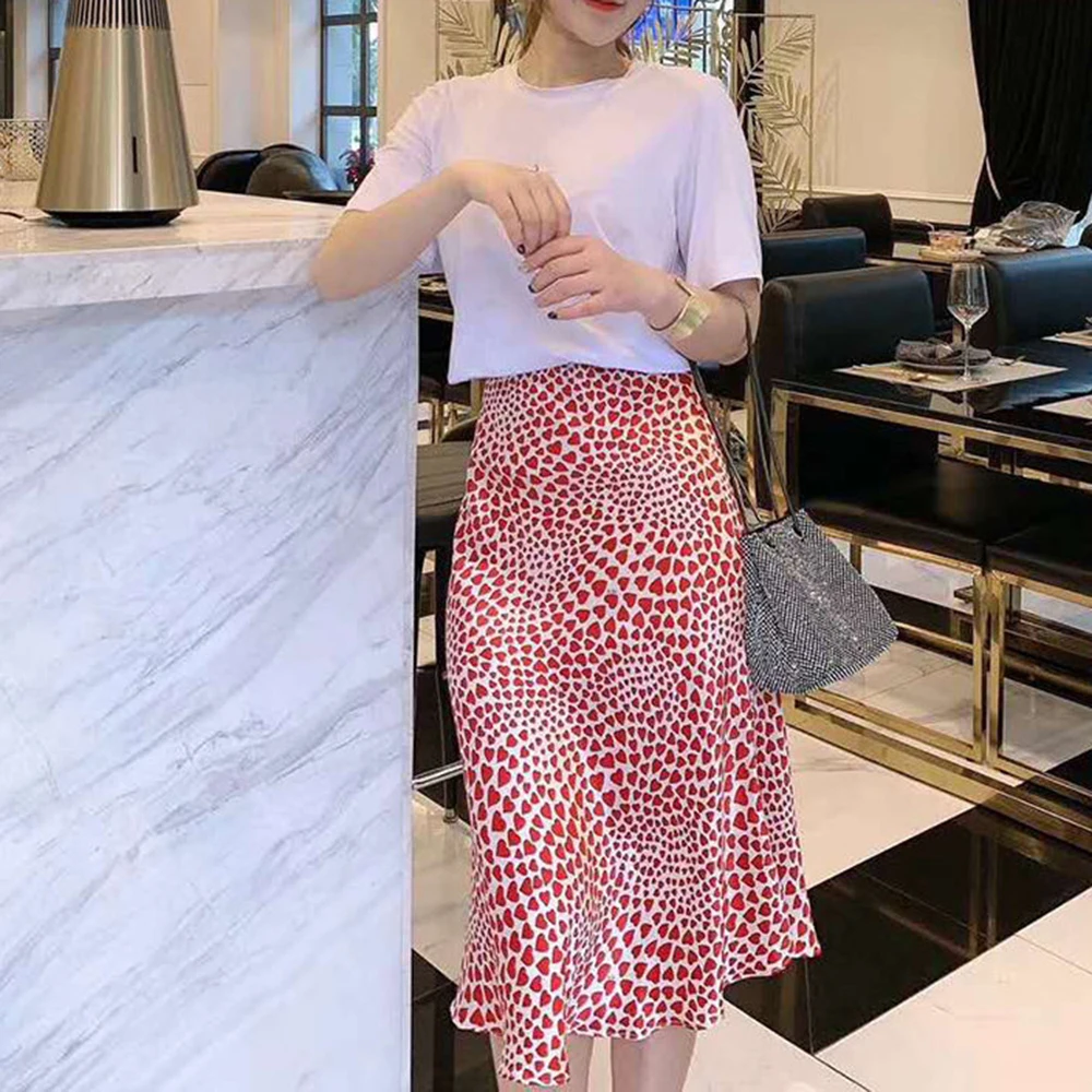 Klacwaya New Girls Silk Pencil Skirts Women Fashion Heart Print High Waist Slim Skirt Ladies Chic Red Leopard Boho Mermaid Skirt