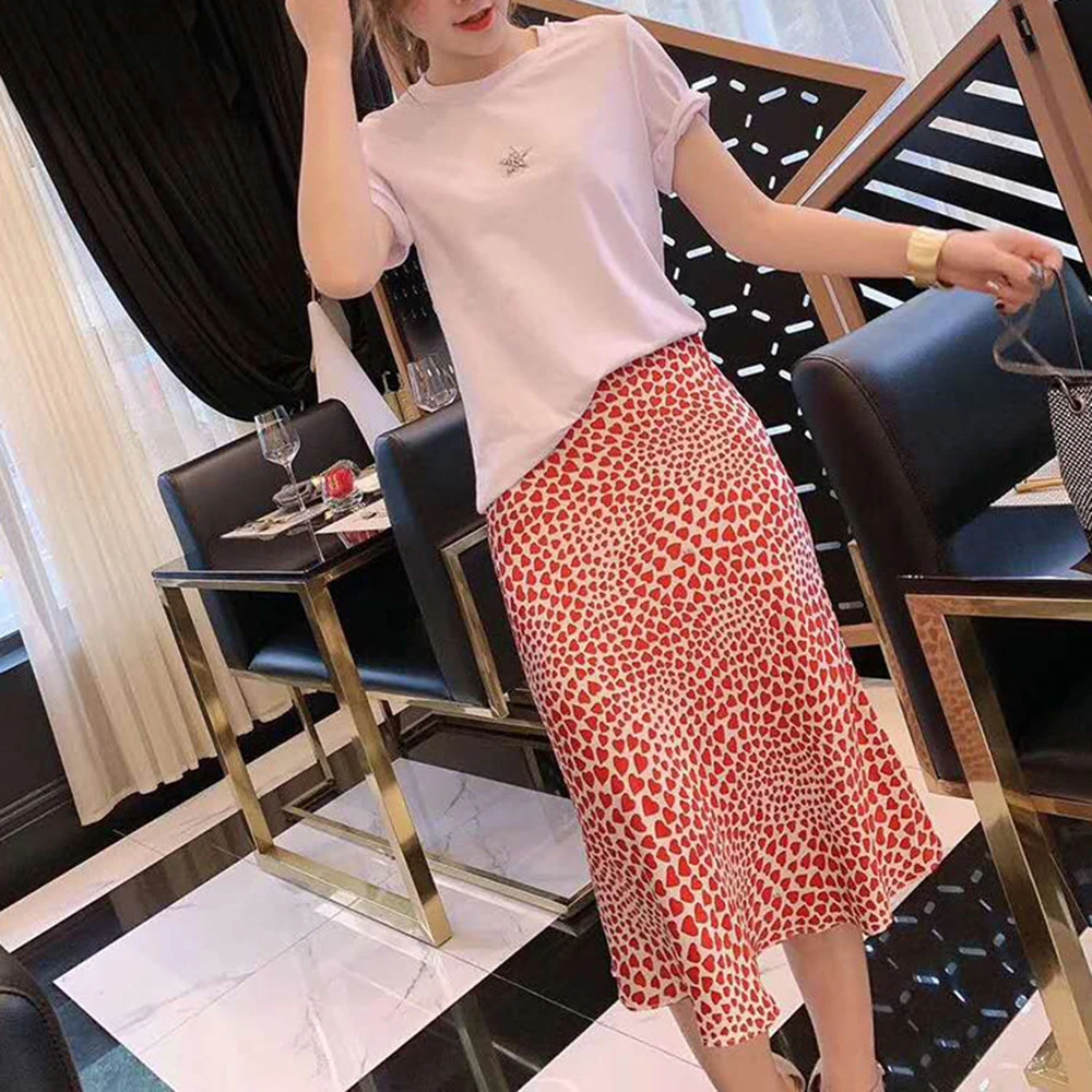 Klacwaya New Girls Silk Pencil Skirts Women Fashion Heart Print High Waist Slim Skirt Ladies Chic Red Leopard Boho Mermaid Skirt
