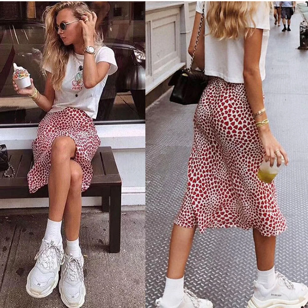 Klacwaya New Girls Silk Pencil Skirts Women Fashion Heart Print High Waist Slim Skirt Ladies Chic Red Leopard Boho Mermaid Skirt