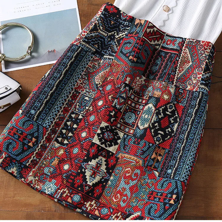 Early Spring Womens Boho Skirt Embroidery A-Line Mini Skirts Chic Geometric Pattern Woolen Vintage Ethnic Style Female Skirts