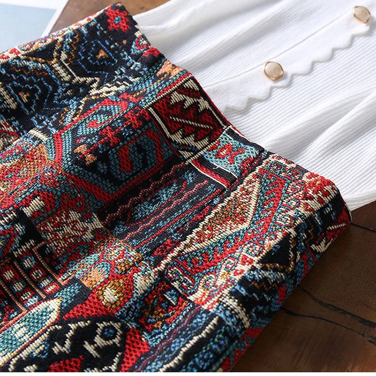 Early Spring Womens Boho Skirt Embroidery A-Line Mini Skirts Chic Geometric Pattern Woolen Vintage Ethnic Style Female Skirts