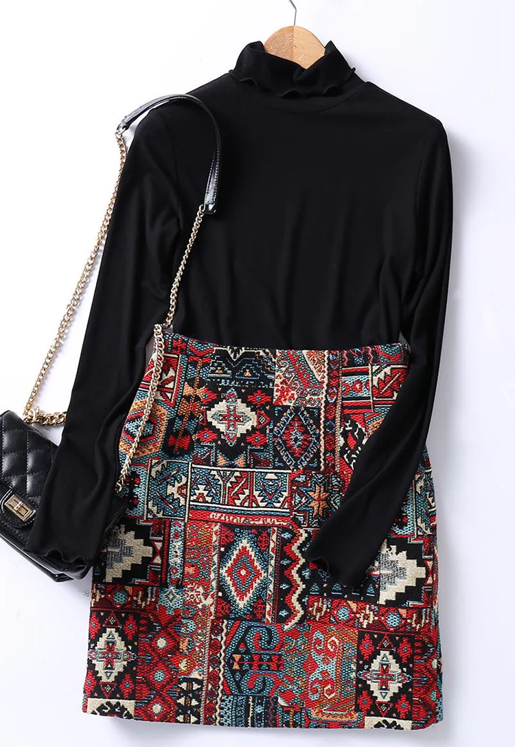 Early Spring Womens Boho Skirt Embroidery A-Line Mini Skirts Chic Geometric Pattern Woolen Vintage Ethnic Style Female Skirts