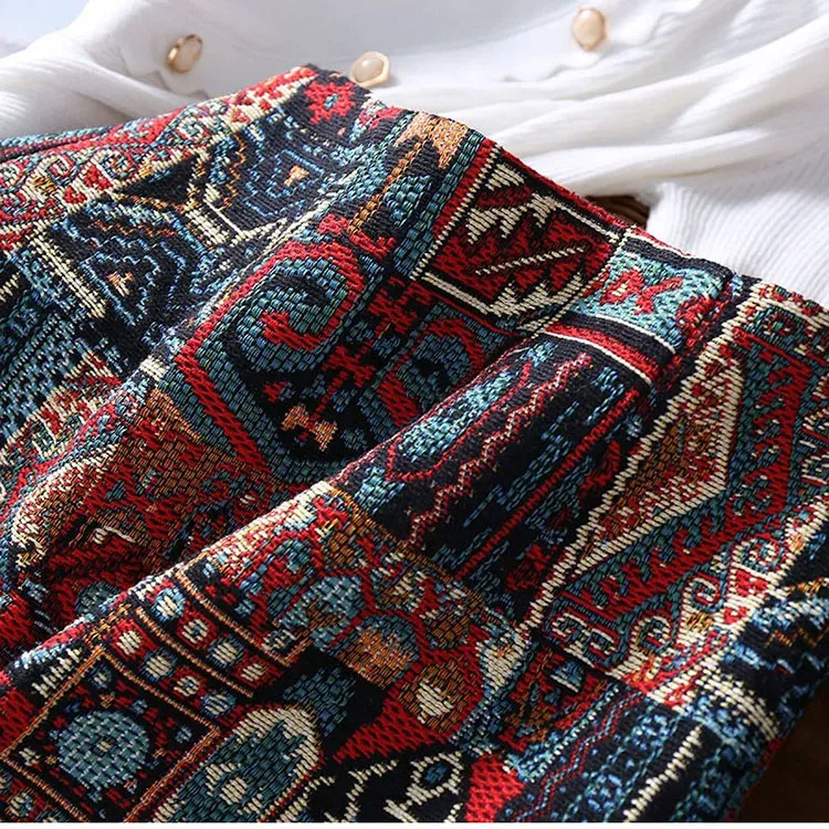 Early Spring Womens Boho Skirt Embroidery A-Line Mini Skirts Chic Geometric Pattern Woolen Vintage Ethnic Style Female Skirts