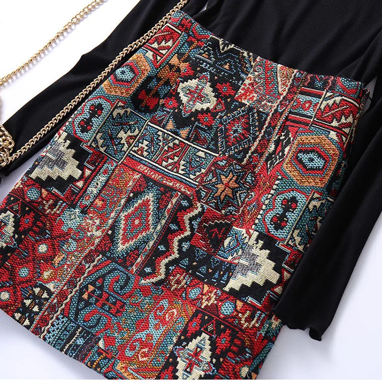 Early Spring Womens Boho Skirt Embroidery A-Line Mini Skirts Chic Geometric Pattern Woolen Vintage Ethnic Style Female Skirts