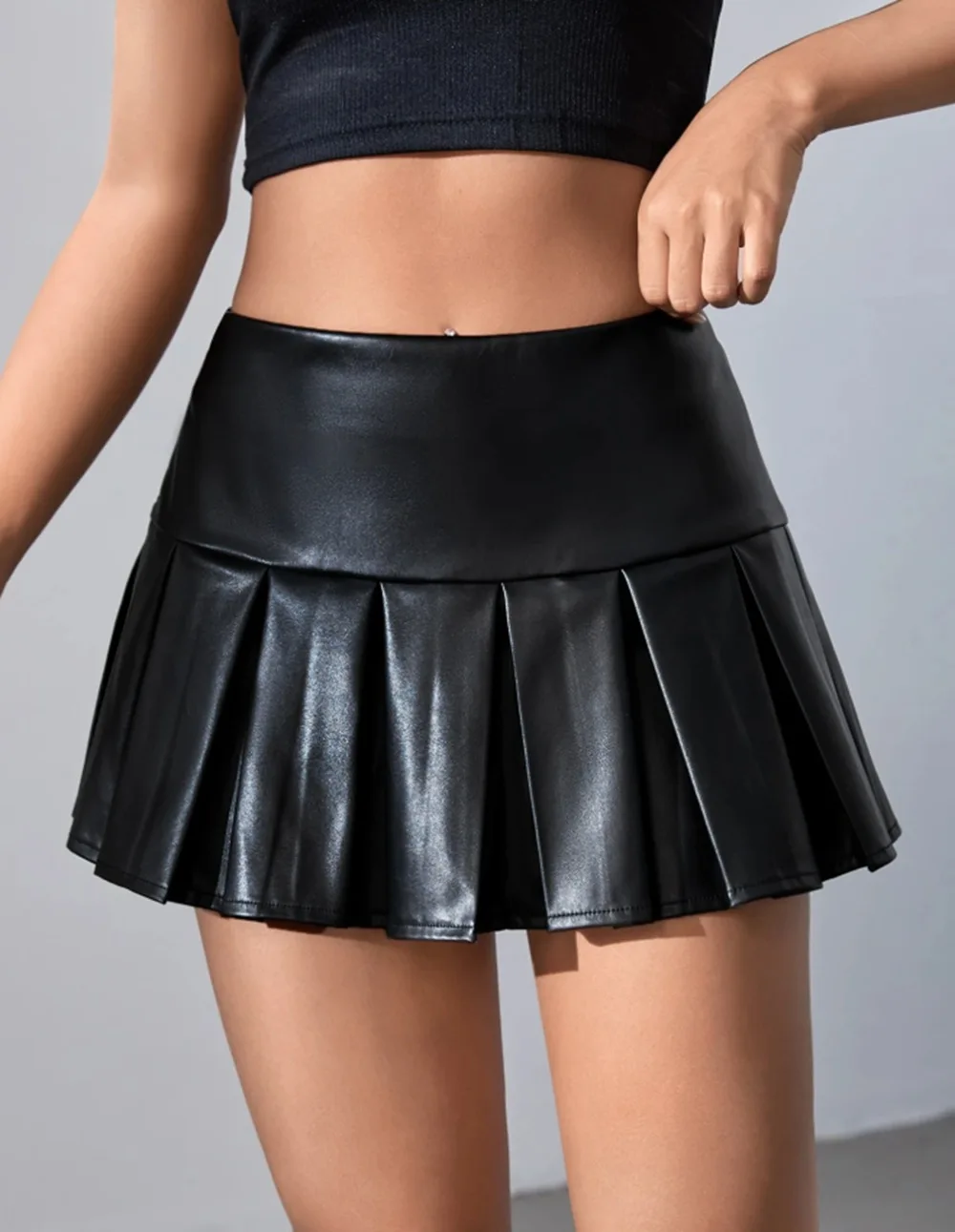 FAGADOER Fashion Leather Patchwork Bodycon Skirt for Woman Solid Color High Waist Pleated Skirt Female Streetwear Bottoms New