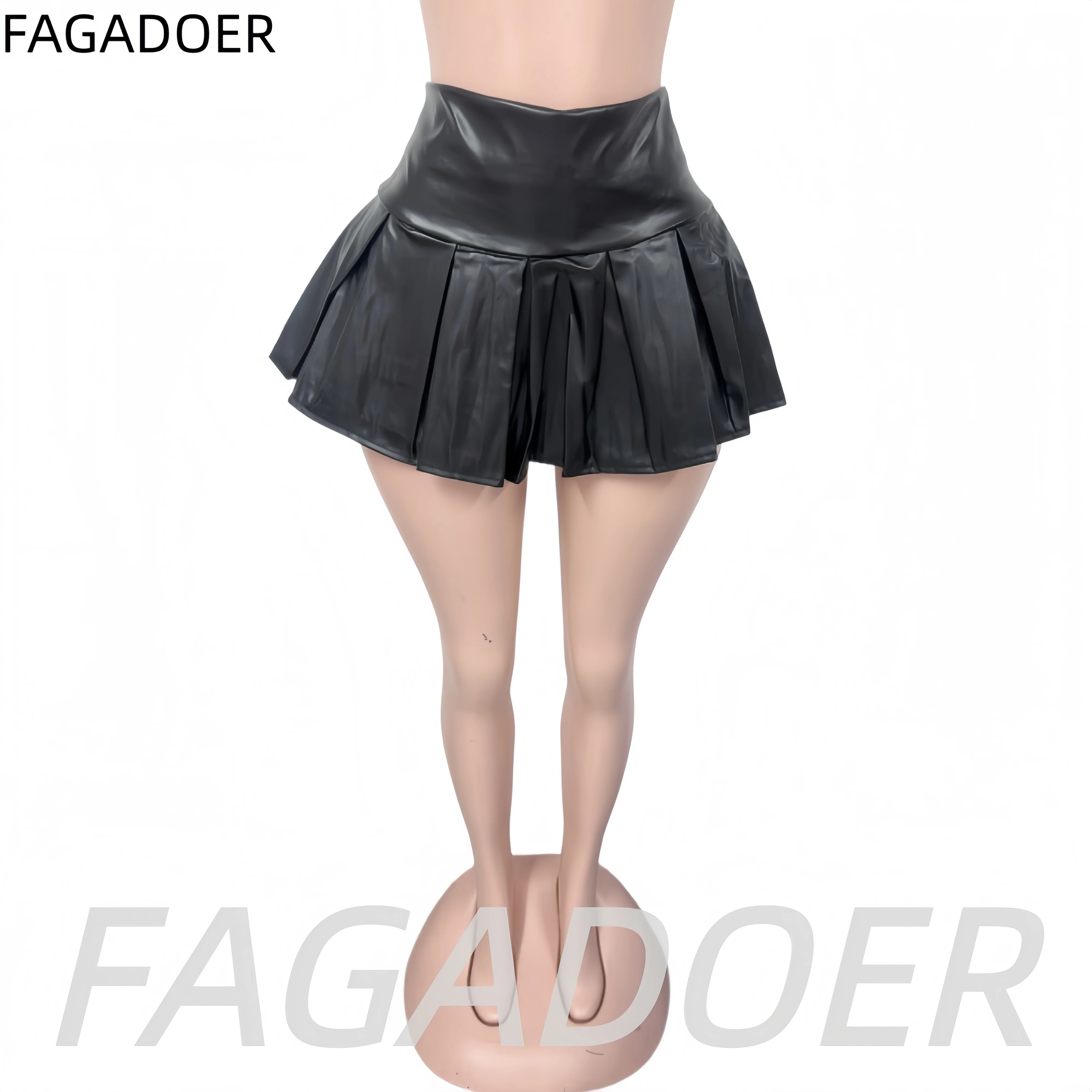 FAGADOER Fashion Leather Patchwork Bodycon Skirt for Woman Solid Color High Waist Pleated Skirt Female Streetwear Bottoms New