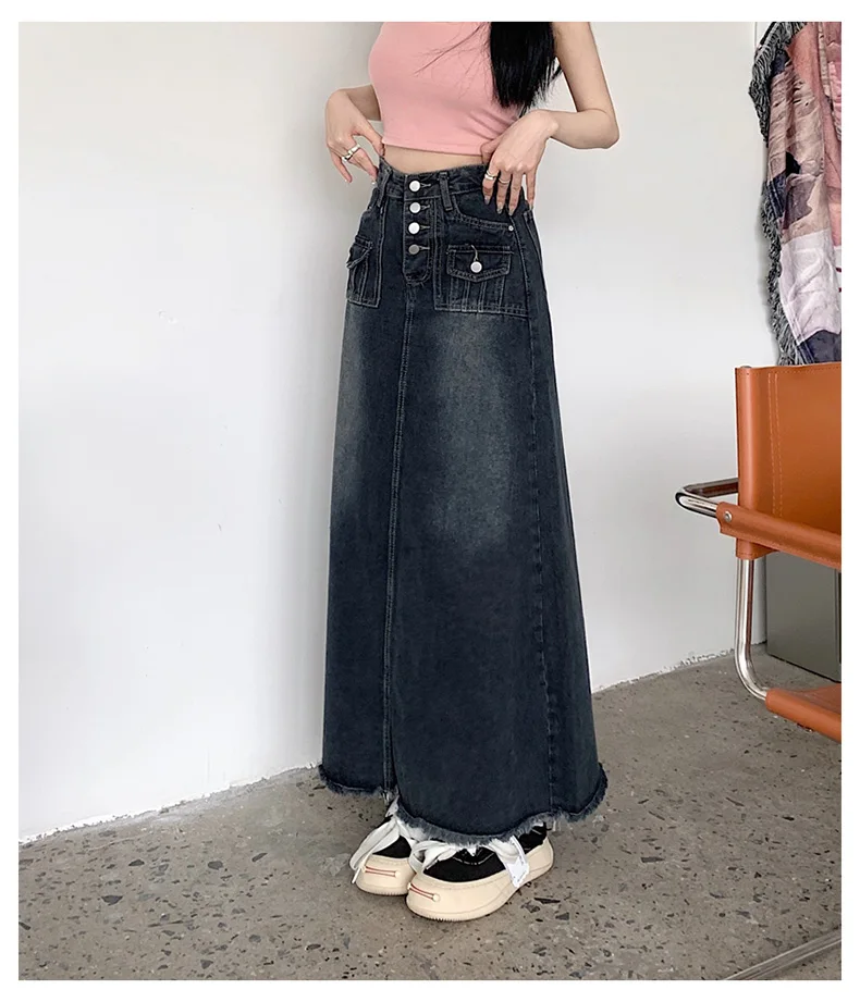 S-5XL New Streetwear Denim Skirt Spring Summer Fashion Frayed Hem Pocket High Waist Long Jeans Skirt Loose Plus Size Skirt