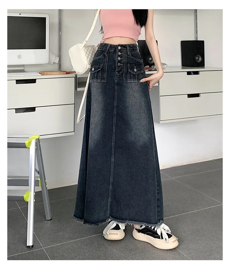 S-5XL New Streetwear Denim Skirt Spring Summer Fashion Frayed Hem Pocket High Waist Long Jeans Skirt Loose Plus Size Skirt