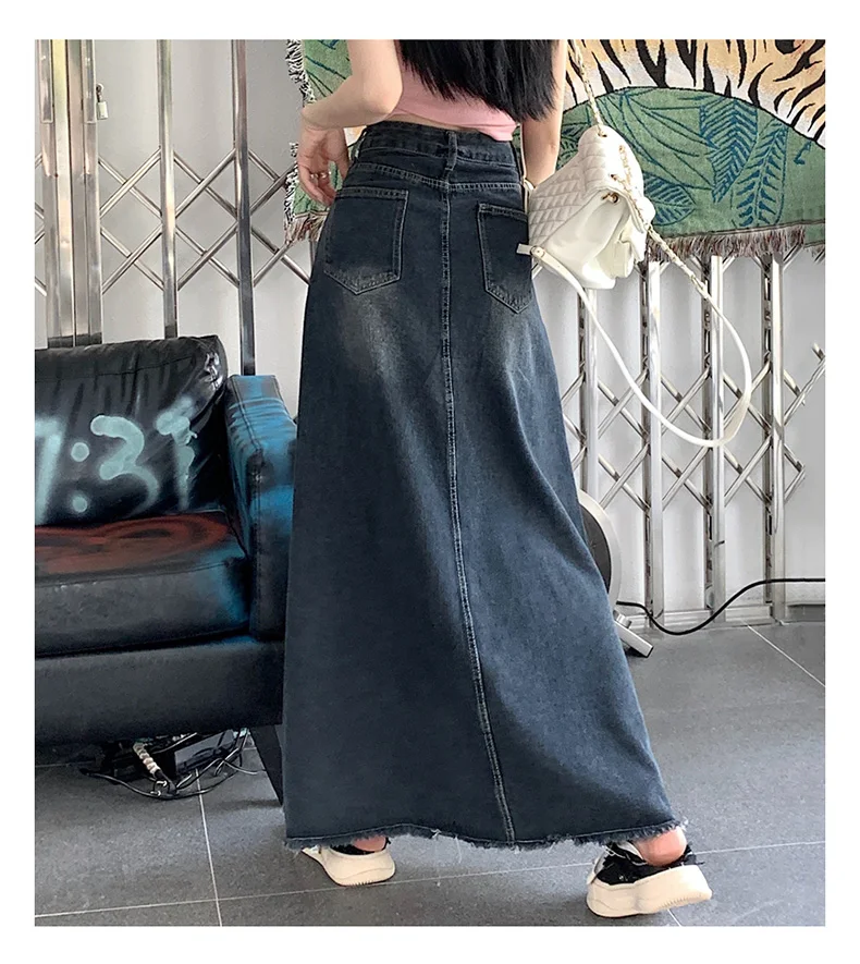 S-5XL New Streetwear Denim Skirt Spring Summer Fashion Frayed Hem Pocket High Waist Long Jeans Skirt Loose Plus Size Skirt