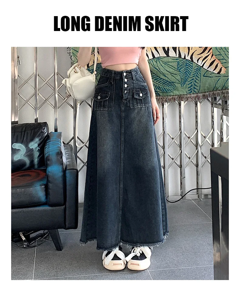 S-5XL New Streetwear Denim Skirt Spring Summer Fashion Frayed Hem Pocket High Waist Long Jeans Skirt Loose Plus Size Skirt