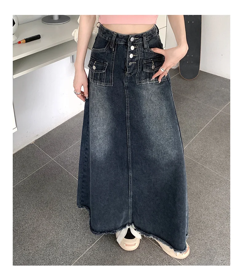 S-5XL New Streetwear Denim Skirt Spring Summer Fashion Frayed Hem Pocket High Waist Long Jeans Skirt Loose Plus Size Skirt