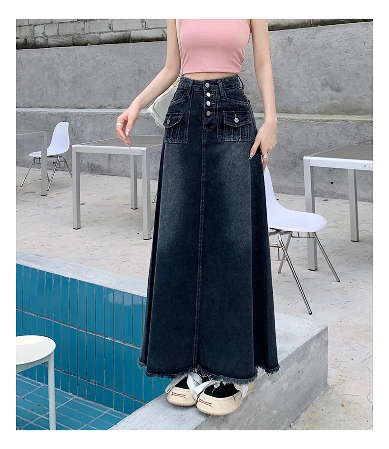 S-5XL New Streetwear Denim Skirt Spring Summer Fashion Frayed Hem Pocket High Waist Long Jeans Skirt Loose Plus Size Skirt