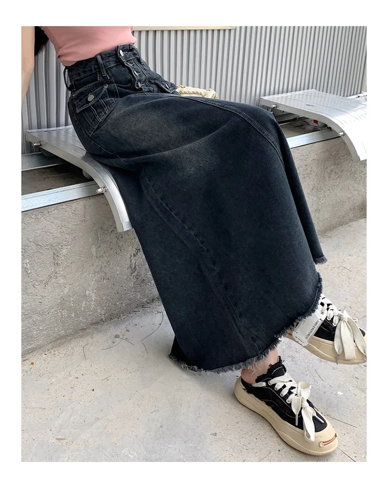 S-5XL New Streetwear Denim Skirt Spring Summer Fashion Frayed Hem Pocket High Waist Long Jeans Skirt Loose Plus Size Skirt