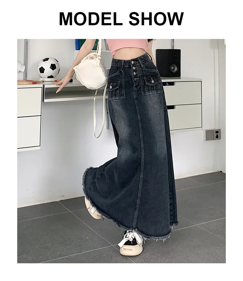 S-5XL New Streetwear Denim Skirt Spring Summer Fashion Frayed Hem Pocket High Waist Long Jeans Skirt Loose Plus Size Skirt