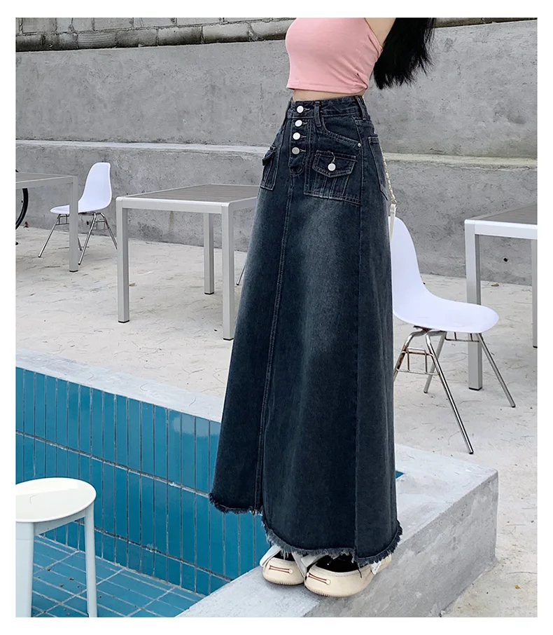 S-5XL New Streetwear Denim Skirt Spring Summer Fashion Frayed Hem Pocket High Waist Long Jeans Skirt Loose Plus Size Skirt