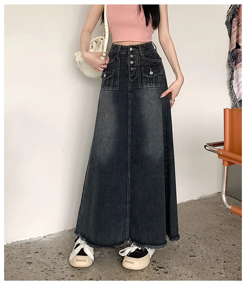 S-5XL New Streetwear Denim Skirt Spring Summer Fashion Frayed Hem Pocket High Waist Long Jeans Skirt Loose Plus Size Skirt