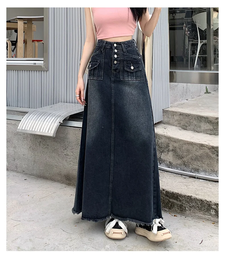 S-5XL New Streetwear Denim Skirt Spring Summer Fashion Frayed Hem Pocket High Waist Long Jeans Skirt Loose Plus Size Skirt