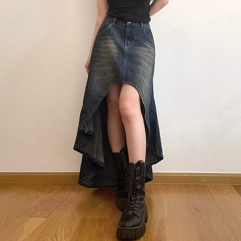 Streetwear Retro Denim Skirts Women Summer Button High Waist Irregular Mermaid Vintage Casual Pockets Lady Jeans Long Skirt