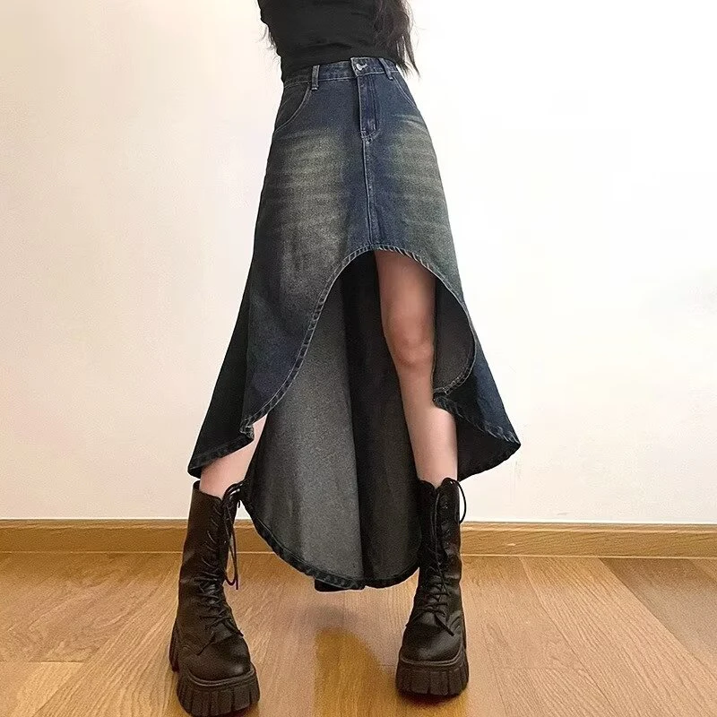 Streetwear Retro Denim Skirts Women Summer Button High Waist Irregular Mermaid Vintage Casual Pockets Lady Jeans Long Skirt