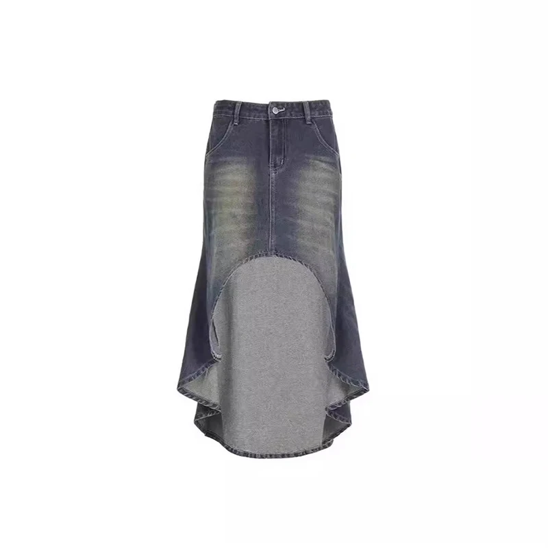 Streetwear Retro Denim Skirts Women Summer Button High Waist Irregular Mermaid Vintage Casual Pockets Lady Jeans Long Skirt