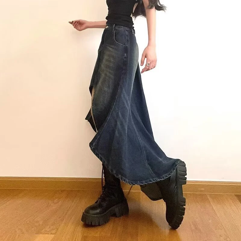 Streetwear Retro Denim Skirts Women Summer Button High Waist Irregular Mermaid Vintage Casual Pockets Lady Jeans Long Skirt