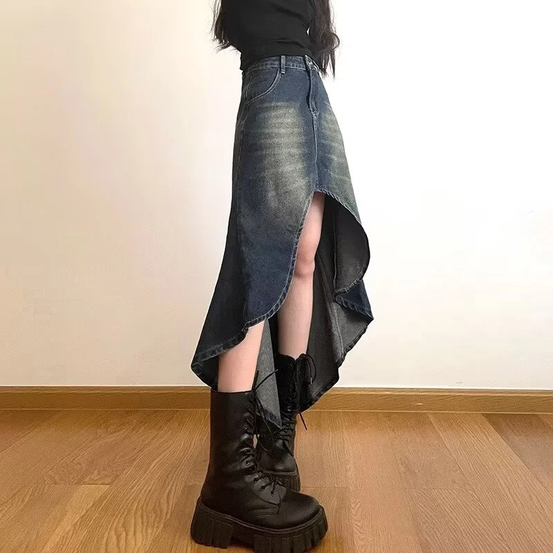 Streetwear Retro Denim Skirts Women Summer Button High Waist Irregular Mermaid Vintage Casual Pockets Lady Jeans Long Skirt