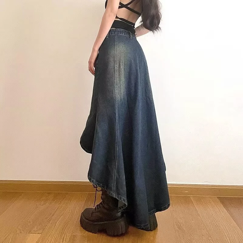 Streetwear Retro Denim Skirts Women Summer Button High Waist Irregular Mermaid Vintage Casual Pockets Lady Jeans Long Skirt
