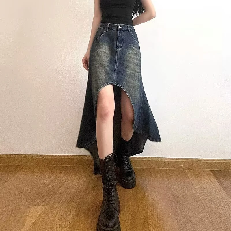 Streetwear Retro Denim Skirts Women Summer Button High Waist Irregular Mermaid Vintage Casual Pockets Lady Jeans Long Skirt