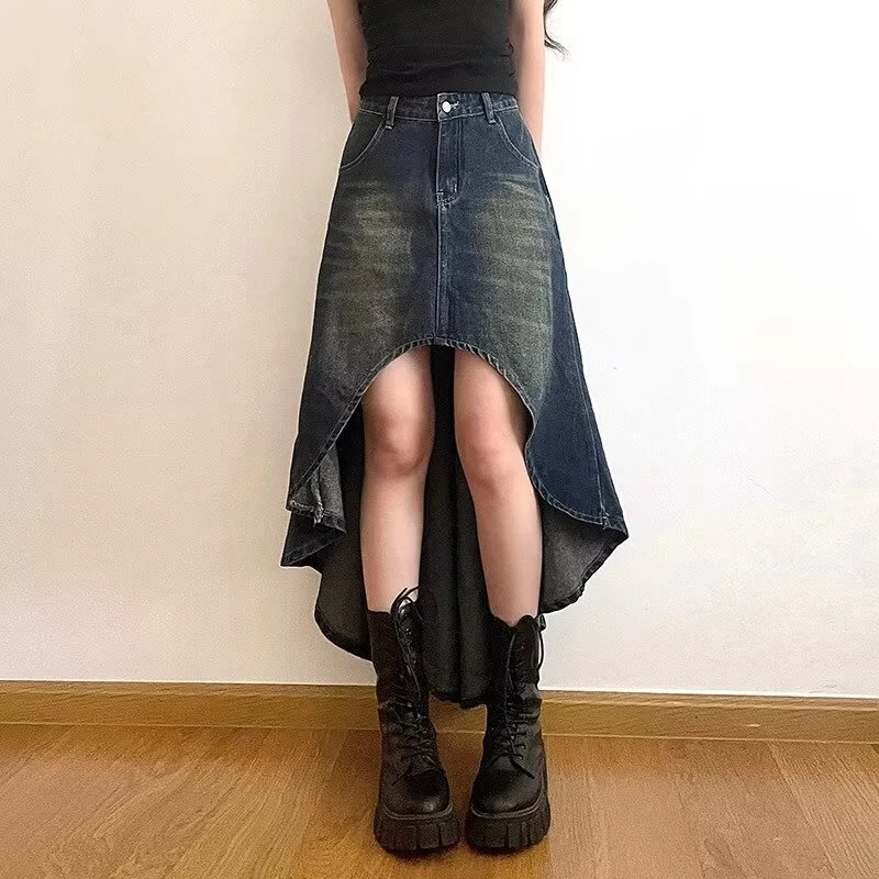 Streetwear Retro Denim Skirts Women Summer Button High Waist Irregular Mermaid Vintage Casual Pockets Lady Jeans Long Skirt