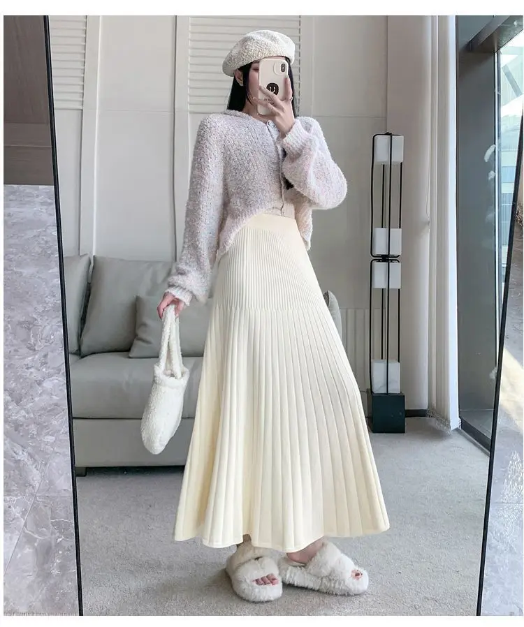 Knitted pleated skirt for women Autumn Winter 2024 new elastic high-waisted slimming A line wrapped buttock fishtail skirt