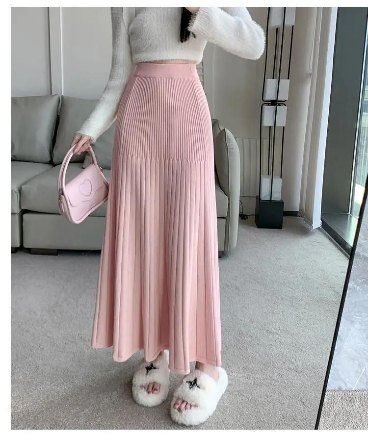 Knitted pleated skirt for women Autumn Winter 2024 new elastic high-waisted slimming A line wrapped buttock fishtail skirt