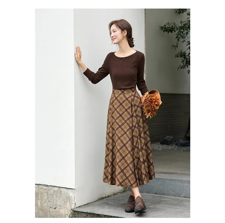 VIMLY Long Skirt Women Casual Plaid Folds A-Line Female Skirts Autumn 2026 Vintage High Waist Zip Up Maxi Ladies Skirts A3790