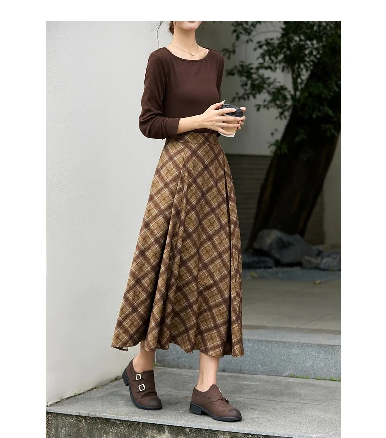 VIMLY Long Skirt Women Casual Plaid Folds A-Line Female Skirts Autumn 2026 Vintage High Waist Zip Up Maxi Ladies Skirts A3790