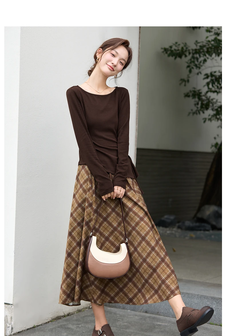 VIMLY Long Skirt Women Casual Plaid Folds A-Line Female Skirts Autumn 2026 Vintage High Waist Zip Up Maxi Ladies Skirts A3790