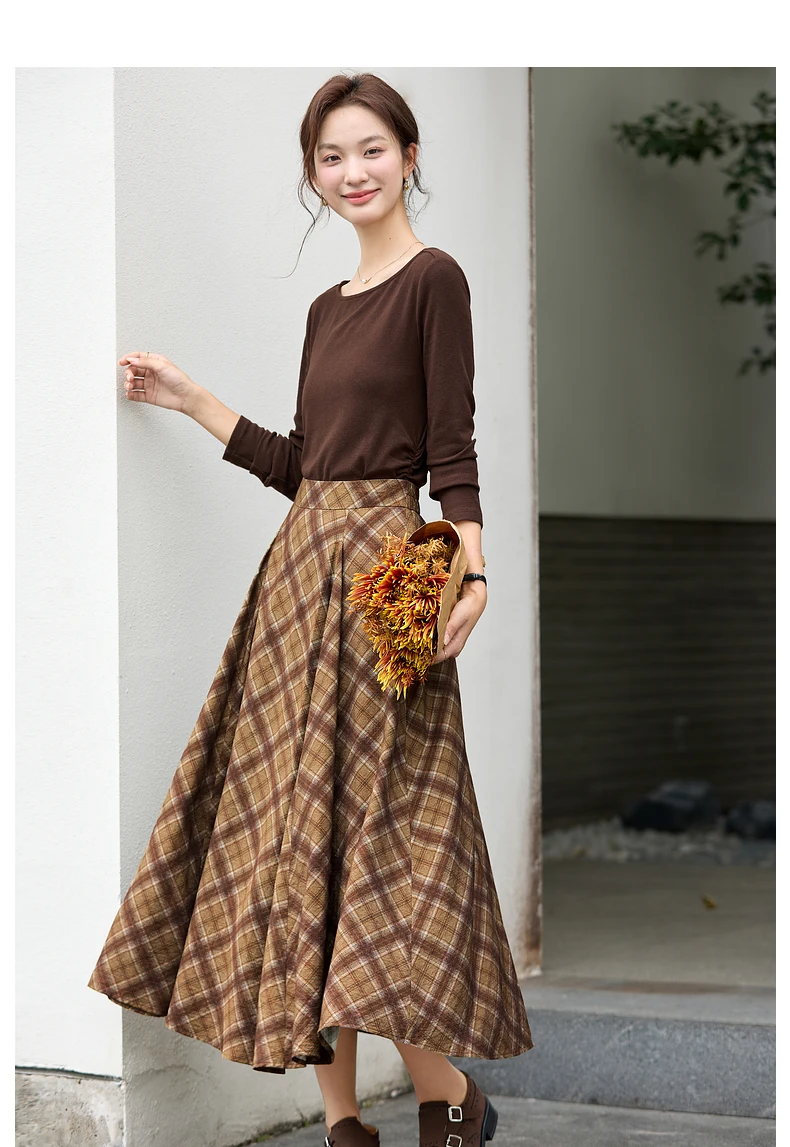 VIMLY Long Skirt Women Casual Plaid Folds A-Line Female Skirts Autumn 2026 Vintage High Waist Zip Up Maxi Ladies Skirts A3790